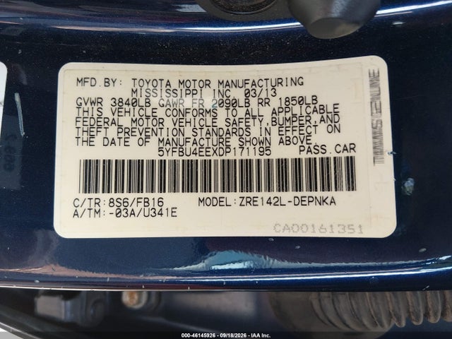 Продаж на аукціоні авто 2013 Toyota Corolla Le, vin: 5YFBU4EEXDP171195, номер лоту: 46145926