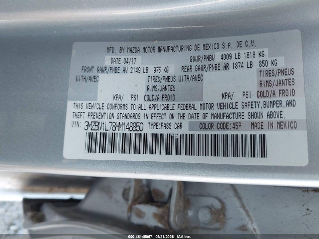 Aukcja sprzedaży 2017 Mazda Mazda3 Touring, vin: 3MZBN1L78HM148850, numer aukcji: 46145967