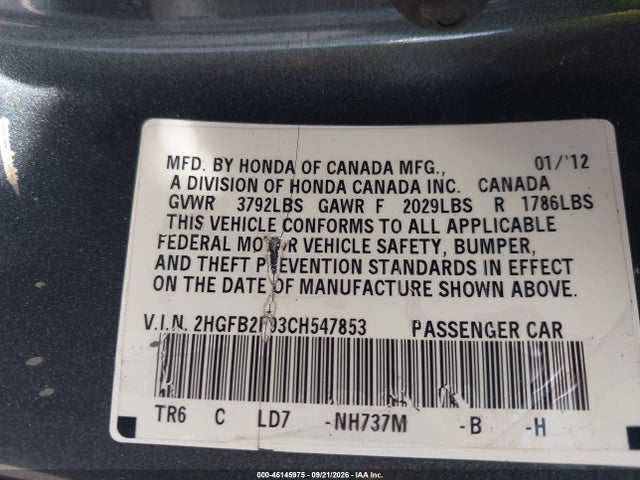46145975 :رقم المزاد ، 2HGFB2F93CH547853 vin ، 2012 Honda Civic Ex-l مزاد بيع