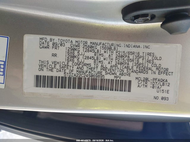Продажа на аукционе авто 2004 Toyota Sienna Xle, vin: 5TDZA22C24S069895, номер лота: 46145979