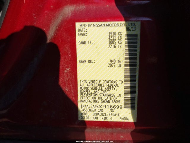 2013 Nissan Altima 2.5 Sv მანქანა იყიდება აუქციონზე, vin: 1N4AL3AP8DC916699, აუქციონის ნომერი: 46145990