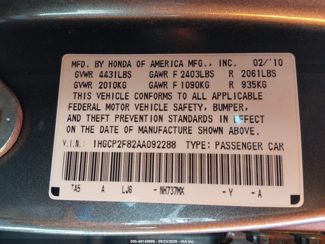 2010 Honda Accord 2.4 Ex-l მანქანა იყიდება აუქციონზე, vin: 1HGCP2F82AA092288, აუქციონის ნომერი: 46145998