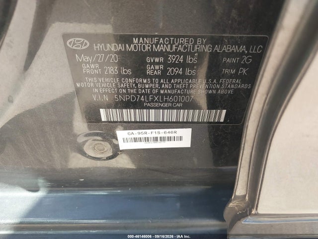 Aukcja sprzedaży 2020 Hyundai Elantra Se, vin: 5NPD74LFXLH601007, numer aukcji: 46146006