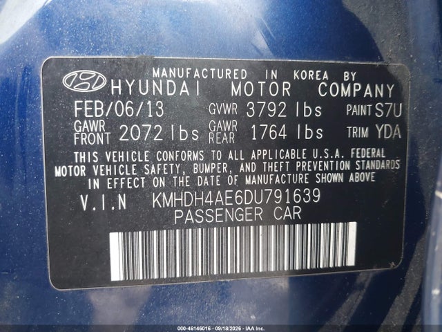 Aukcja sprzedaży 2013 Hyundai Elantra Gls (ulsan Plant), vin: KMHDH4AE6DU791639, numer aukcji: 46146016