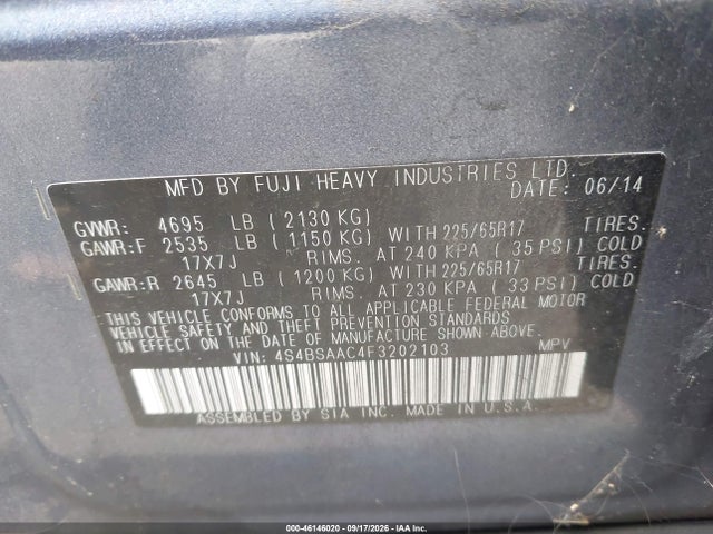Продажа на аукционе авто 2015 Subaru Outback 2.5i, vin: 4S4BSAAC4F3202103, номер лота: 46146020
