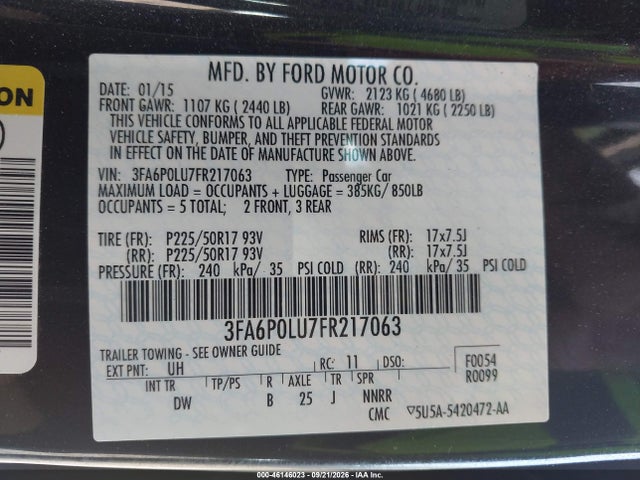 46146023 :رقم المزاد ، 3FA6P0LU7FR217063 vin ، 2015 Ford Fusion Hybrid Se مزاد بيع
