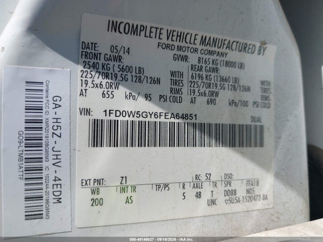 46146027 :رقم المزاد ، 1FD0W5GY6FEA64851 vin ، 2015 Ford F-550 Chassis Xl مزاد بيع
