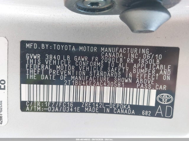 2010 Toyota Corolla Le მანქანა იყიდება აუქციონზე, vin: 2T1BU4EE2AC430581, აუქციონის ნომერი: 46146032
