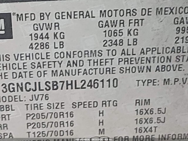 3GNCJLSB7HL246110 Chevrolet Trax Lt