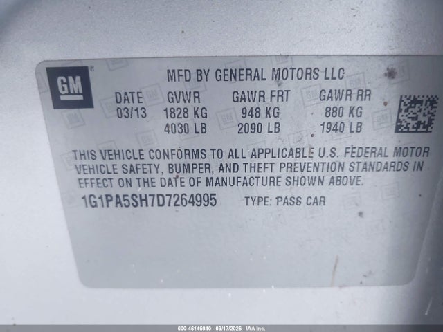 2013 Chevrolet Cruze Ls Auto მანქანა იყიდება აუქციონზე, vin: 1G1PA5SH7D7264995, აუქციონის ნომერი: 46146040