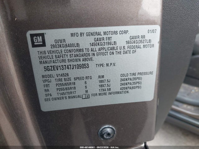 46146061 :رقم المزاد ، 5GZEV13747J109053 vin ، 2007 Saturn Outlook Xe مزاد بيع