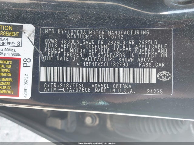 Продаж на аукціоні авто 2012 Toyota Camry Se Limited Edition, vin: 4T1BF1FK5CU182793, номер лоту: 46146068