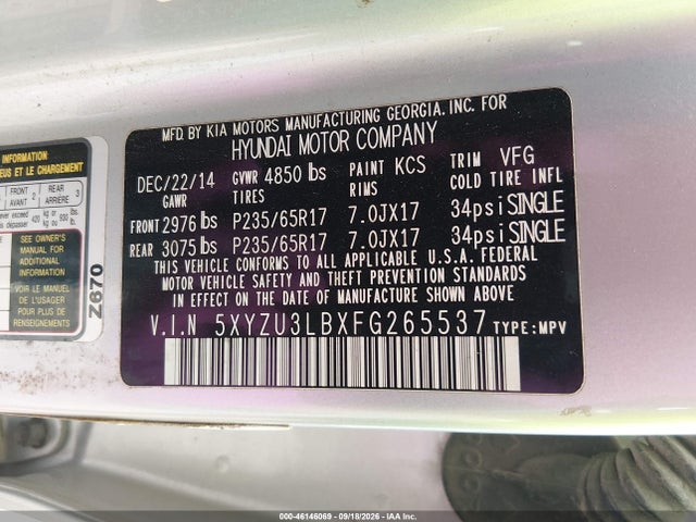 Продаж на аукціоні авто 2015 Hyundai Santa Fe Sport 2.4l, vin: 5XYZU3LBXFG265537, номер лоту: 46146069