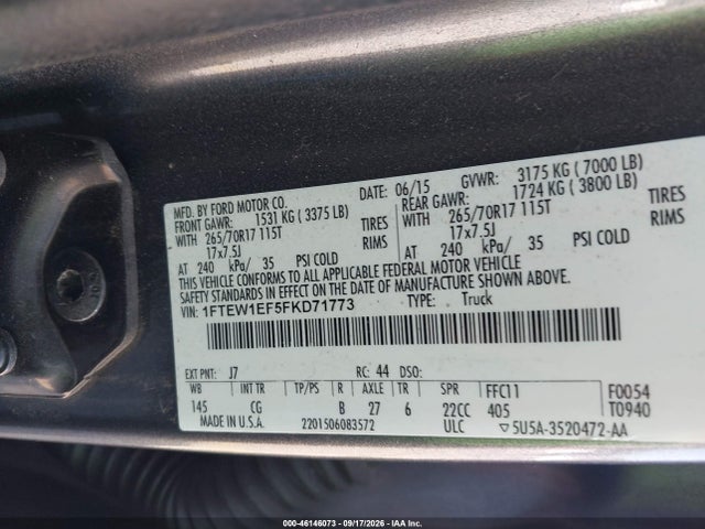 Продаж на аукціоні авто 2015 Ford F-150 Xl, vin: 1FTEW1EF5FKD71773, номер лоту: 46146073