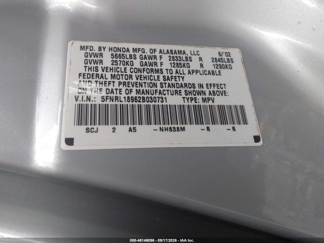 Aukcja sprzedaży 2002 Honda Odyssey Ex-l, vin: 5FNRL18962B030731, numer aukcji: 46146096