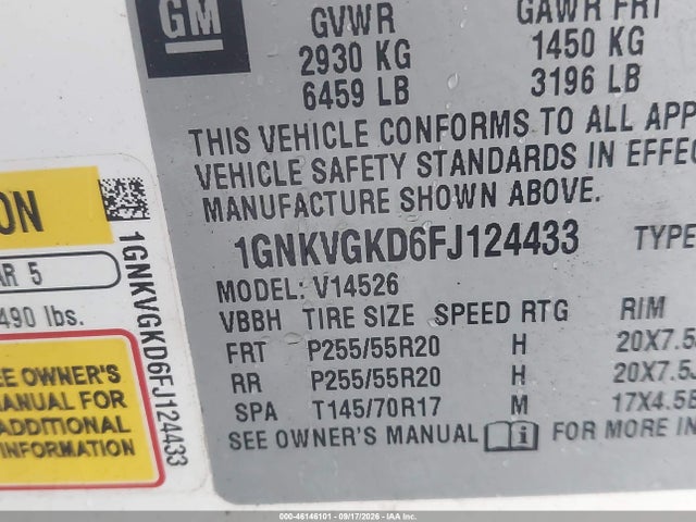 2015 Chevrolet Traverse 1lt მანქანა იყიდება აუქციონზე, vin: 1GNKVGKD6FJ124433, აუქციონის ნომერი: 46146101