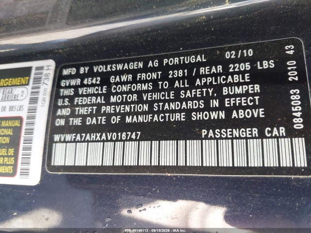 Aukcja sprzedaży 2010 Volkswagen Eos Lux, vin: WVWFA7AHXAV016747, numer aukcji: 46146112