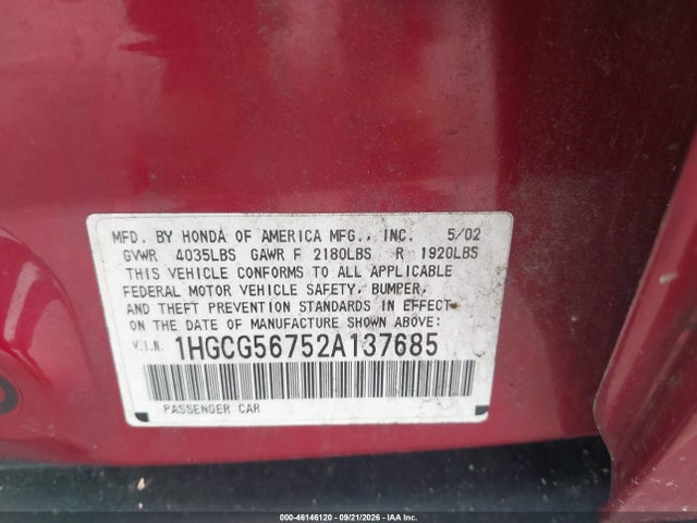 Продажа на аукционе авто 2002 Honda Accord 2.3 Se, vin: 1HGCG56752A137685, номер лота: 46146120