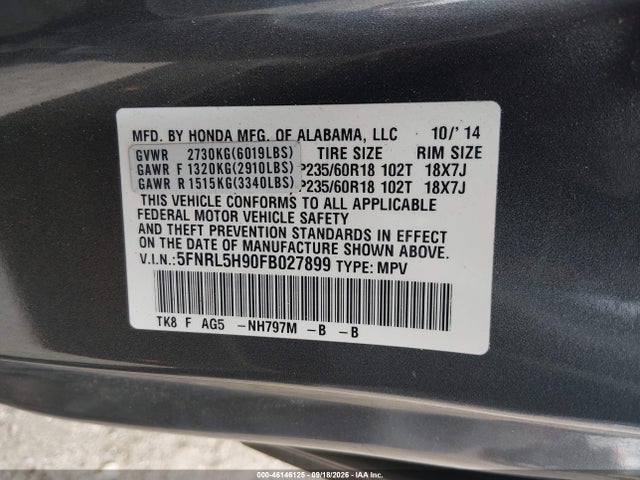 2015 Honda Odyssey Touring/touring Elite მანქანა იყიდება აუქციონზე, vin: 5FNRL5H90FB027899, აუქციონის ნომერი: 46146125