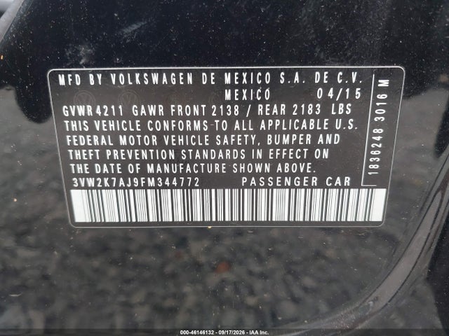 Продажа на аукционе авто 2015 Volkswagen Jetta 2.0l S, vin: 3VW2K7AJ9FM344772, номер лота: 46146132
