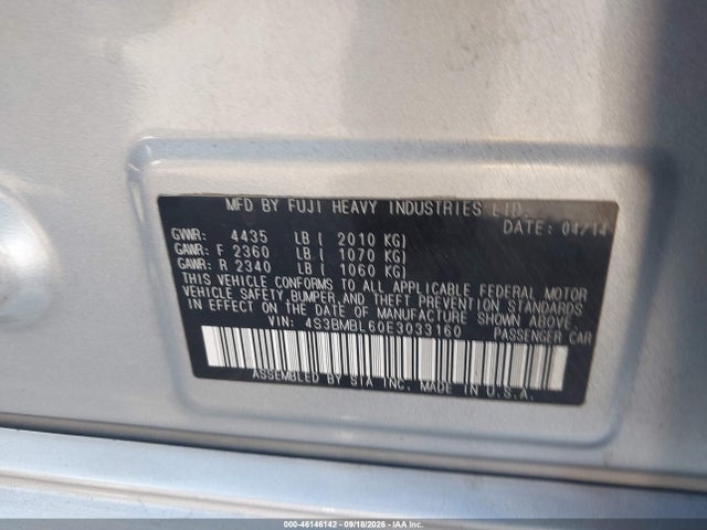 46146142 :رقم المزاد ، 4S3BMBL60E3033160 vin ، 2014 Subaru Legacy 2.5i Limited مزاد بيع