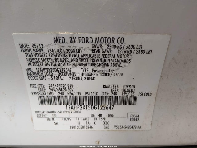2013 Ford Taurus Sho მანქანა იყიდება აუქციონზე, vin: 1FAHP2KT5DG122647, აუქციონის ნომერი: 46146143