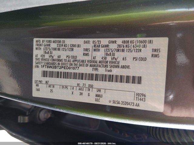 2023 Ford F-250 Xlt მანქანა იყიდება აუქციონზე, vin: 1FT8W2BT2PED01077, აუქციონის ნომერი: 46146179