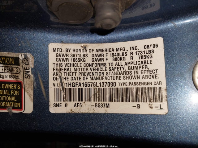 Aukcja sprzedaży 2006 Honda Civic Lx, vin: 1HGFA16576L137090, numer aukcji: 46146191