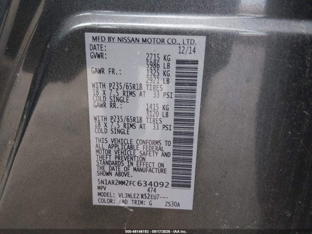 Продажа на аукционе авто 2015 Nissan Pathfinder Sv, vin: 5N1AR2MM2FC634092, номер лота: 46146192