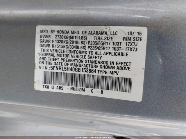 Aukcja sprzedaży 2016 Honda Odyssey Ex, vin: 5FNRL5H40GB153864, numer aukcji: 46146197
