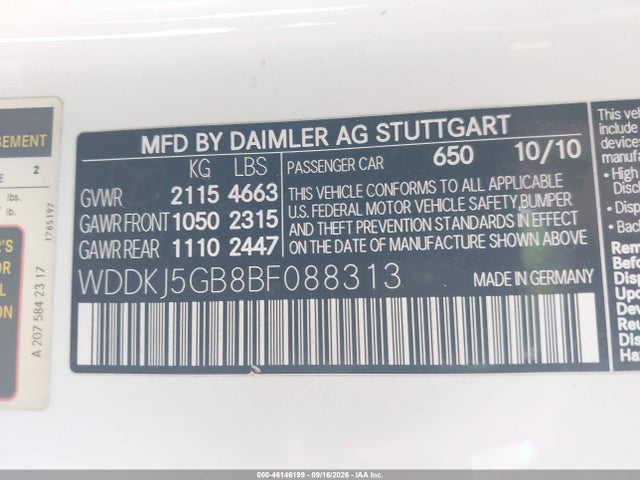 2011 Mercedes-benz E 350 მანქანა იყიდება აუქციონზე, vin: WDDKJ5GB8BF088313, აუქციონის ნომერი: 46146199