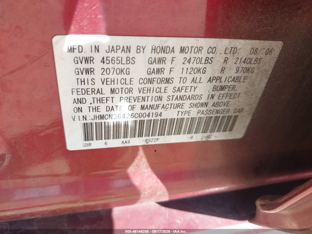46146206 :رقم المزاد ، JHMCN36426C004194 vin ، 2006 Honda Accord Hybrid مزاد بيع