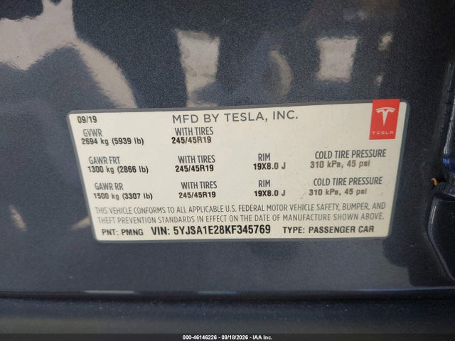 5YJSA1E28KF345769 Tesla Model S 100d/75d/long Range/standard Range