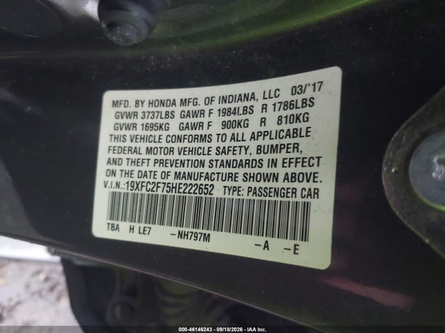 Продаж на аукціоні авто 2017 Honda Civic Ex, vin: 19XFC2F75HE222652, номер лоту: 46146243