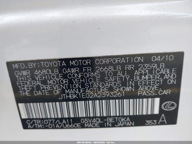 2010 Lexus Es 350 მანქანა იყიდება აუქციონზე, vin: JTHBK1EG2A2393261, აუქციონის ნომერი: 46146244