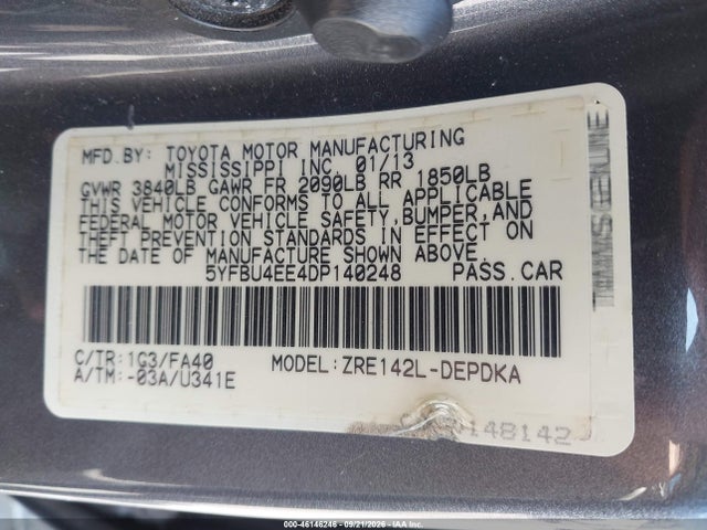 Продажа на аукционе авто 2013 Toyota Corolla L, vin: 5YFBU4EE4DP140248, номер лота: 46146246