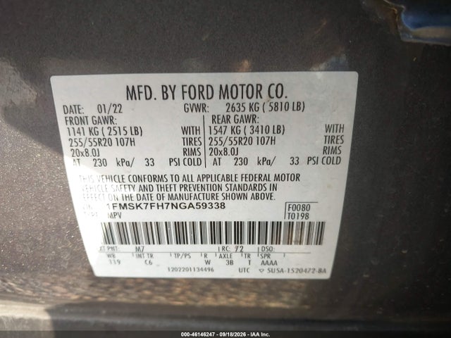 Продаж на аукціоні авто 2022 Ford Explorer Limited, vin: 1FMSK7FH7NGA59338, номер лоту: 46146247