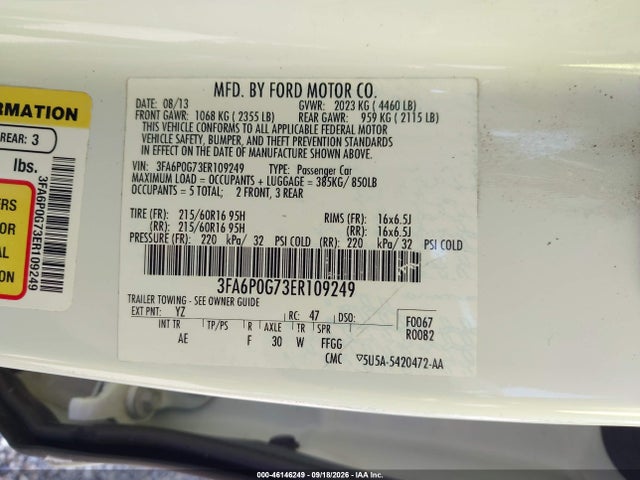 Продажа на аукционе авто 2014 Ford Fusion S, vin: 3FA6P0G73ER109249, номер лота: 46146249
