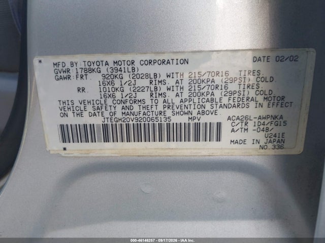Auction sale of the 2002 Toyota Rav4, vin: JTEGH20V920065135, lot number: 46146257