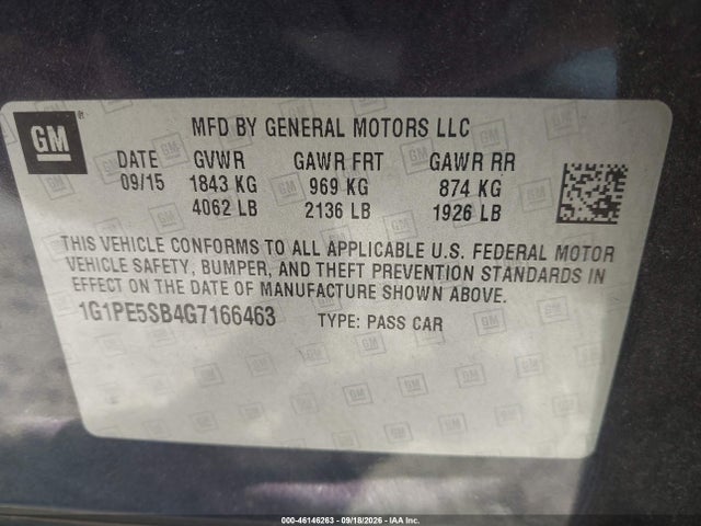 46146263 :رقم المزاد ، 1G1PE5SB4G7166463 vin ، 2016 Chevrolet Cruze Limited 1lt Auto مزاد بيع