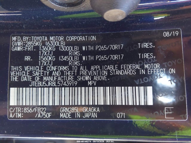 46146274 :رقم المزاد ، JTEBU5JR8L5743919 vin ، 2020 Toyota 4runner Sr5 مزاد بيع