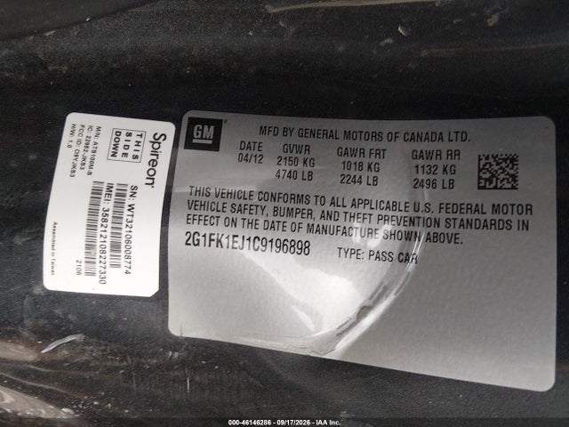 46146286 :رقم المزاد ، 2G1FK1EJ1C9196898 vin ، 2012 Chevrolet Camaro 2ss مزاد بيع