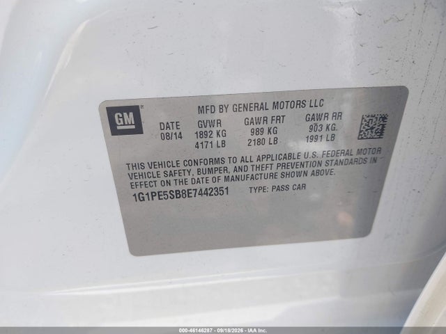 46146287 :رقم المزاد ، 1G1PE5SB8E7442351 vin ، 2014 Chevrolet Cruze 2lt Auto مزاد بيع