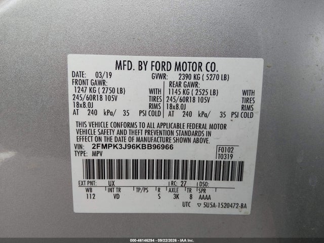 Продажа на аукционе авто 2019 Ford Edge Sel, vin: 2FMPK3J96KBB96966, номер лота: 46146294