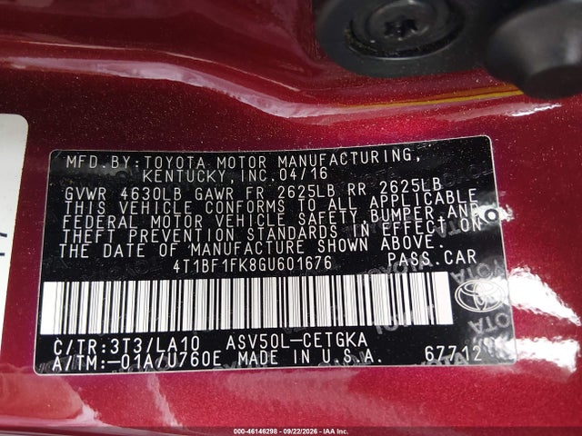 46146298 :رقم المزاد ، 4T1BF1FK8GU601676 vin ، 2016 Toyota Camry Xle مزاد بيع