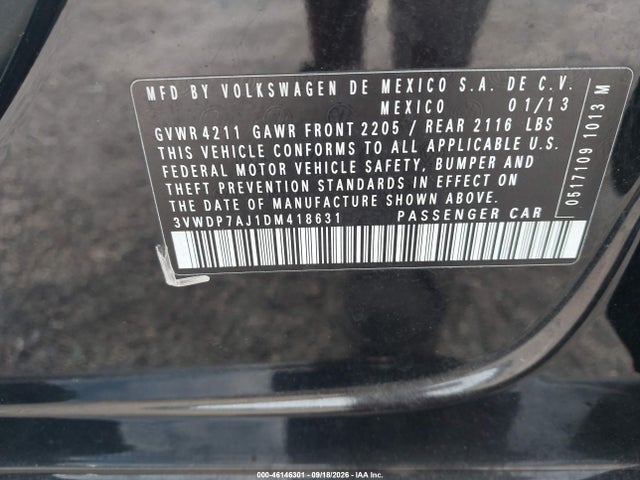 2013 Volkswagen Jetta 2.5l Se მანქანა იყიდება აუქციონზე, vin: 3VWDP7AJ1DM418631, აუქციონის ნომერი: 46146301