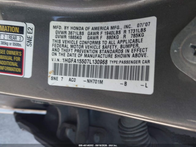 Продаж на аукціоні авто 2007 Honda Civic Lx, vin: 1HGFA15507L130968, номер лоту: 46146302