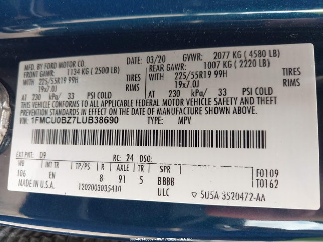 2020 Ford Escape Se Sport Hybrid მანქანა იყიდება აუქციონზე, vin: 1FMCU0BZ7LUB38690, აუქციონის ნომერი: 46146307