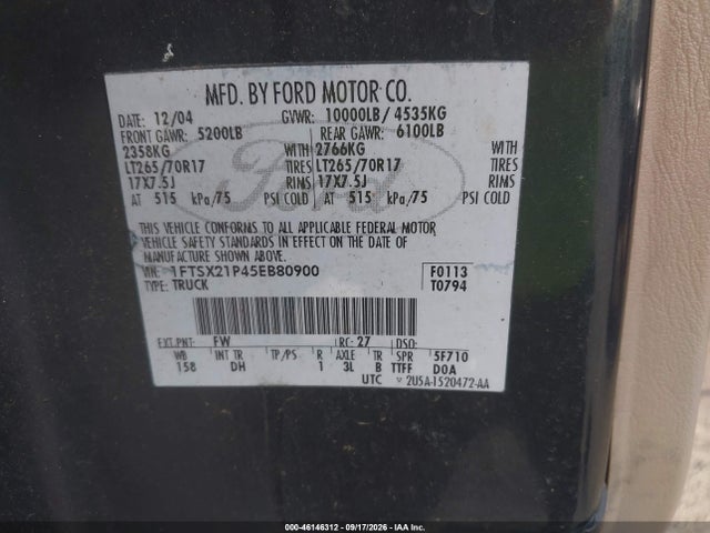 Aukcja sprzedaży 2005 Ford F-250 Lariat/xl/xlt, vin: 1FTSX21P45EB80900, numer aukcji: 46146312