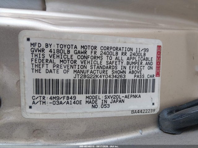 Продажа на аукционе авто 2000 Toyota Camry Le, vin: JT2BG22K4Y0434263, номер лота: 46146315